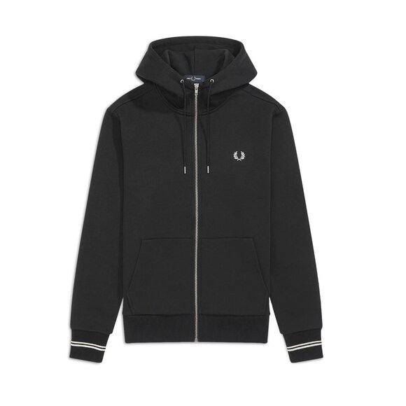 Fred Perry Men's Tipped Zip Front Hooded LS Sweatshirt Jacket Wreath Logo Black - Picture 1 of 3